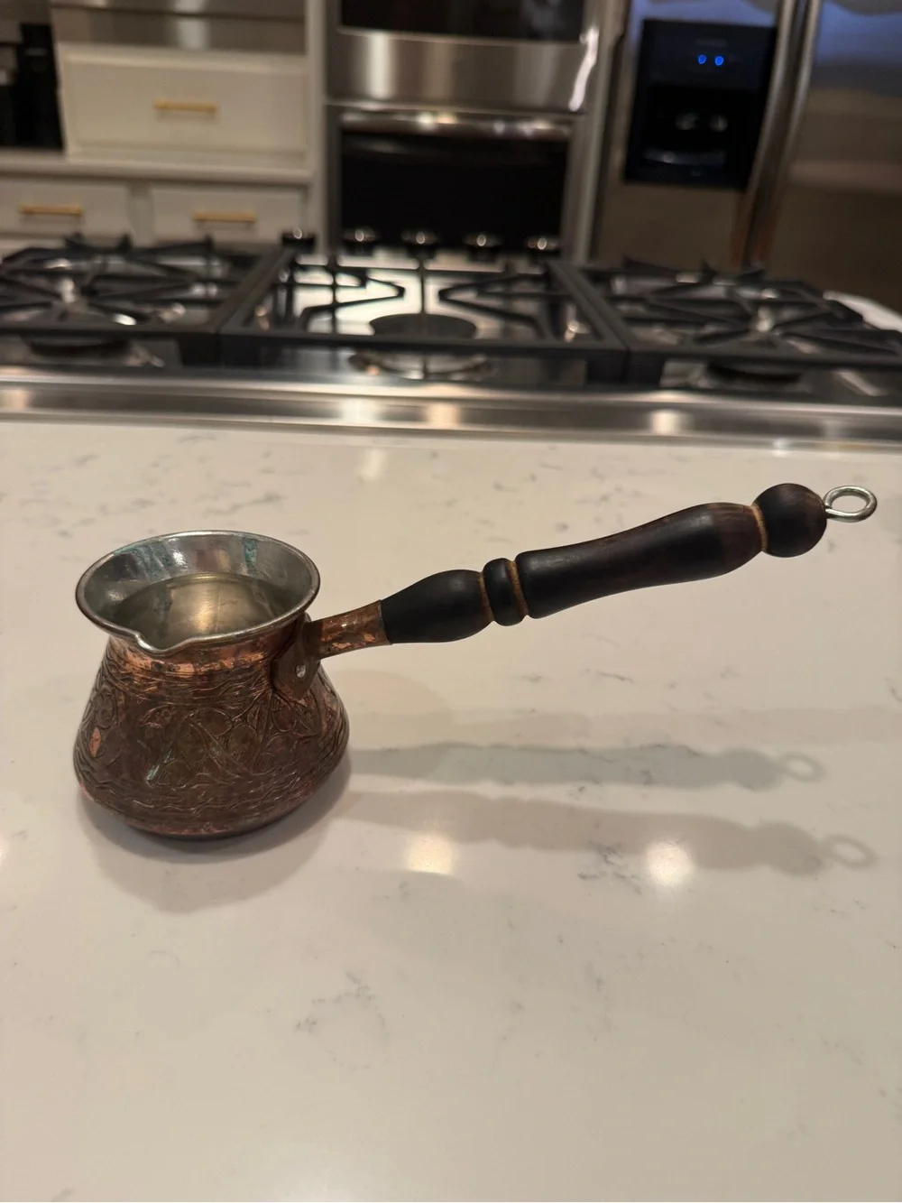 Vintage DEMMEX Copper Turkish Coffee Pot Cezve Ibrik Engraved Wood Handle Turkey